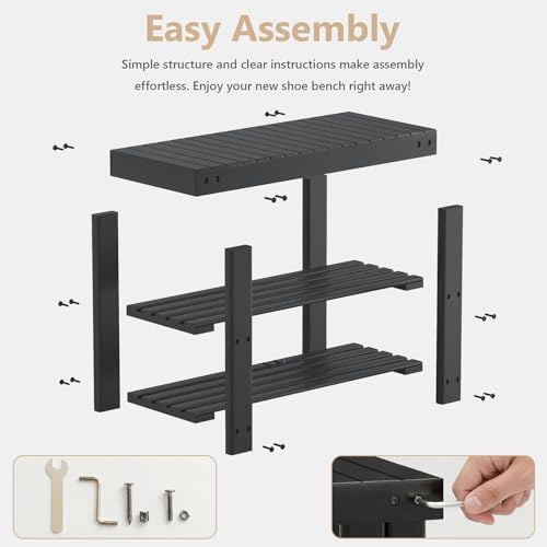 NEWBULIG Shoe Rack Bench, 3-Tier Bamboo Organizer, 11x28x18in, Black - Image 3