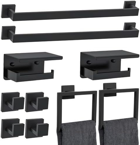 10 Pieces Black Towel Bar Set Bathroom Hardware Accessories Set Upgraded Toilet Paper Holder with Shelf Towel Holder Set for Bathroom Stainless Steel Wall Mounted 23.6in by Woekme