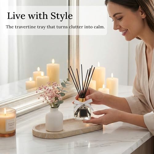 Travertine Vanity Tray for Bathroom Counter, 10"x5" Natural Marble Tray, Hand Polished, Perfume Organizer with Non-Slip Base, Candles, Stone Jewelry Dish (Travertine Beige, 9.8X4.7) - Image 2