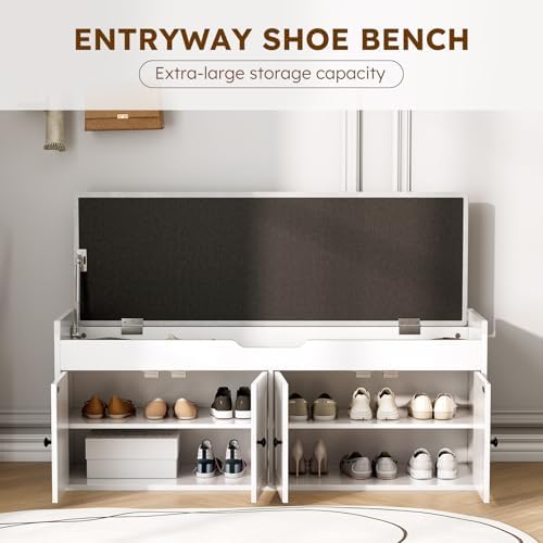 47.2" Storage Bench - Entryway Shoe Bench with 4 Doors and Top Storage Area, Multifunctional Entryway Bench with Lift Top Cushion, Shoe Storage Bench for Bedroom, Living Room, White - Image 3
