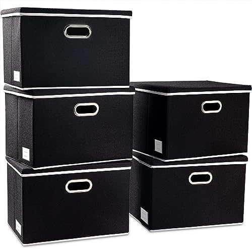 PRANDOM Large Foldable Storage Boxes with Lids [5-Pack] Organizer Containers Baskets Cube with Cover for Home Bedroom Closet Office Black17.7x11.8x11.8 For 6+ Year Old Boys and Girls by Prandom
