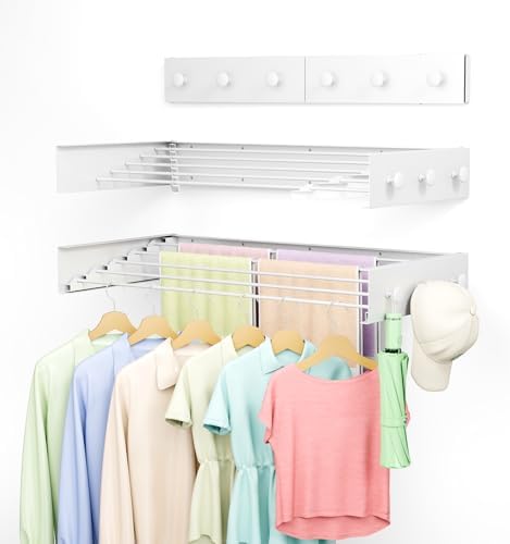 Collapsible Laundry Drying Rack Wall Mounted - 31.5 Inch Metal Clothing Drying Rack with 6 Hooks, Retractable Foldable Dry Racks for Laundry Drying Indoor, Heavy Duty Towel & Coat Hanger by CEHIFIA