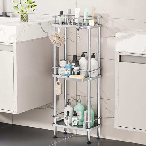 HapiRm Standing Corner Shower Caddy - 3 Tier Corner Shower Organizer with Soap Holder, Rustproof Stainless Steel Bathroom Shelf with 4 Hooks, Silver - Image 7