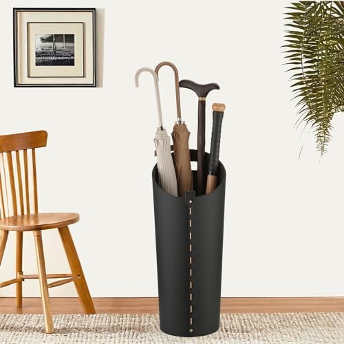 Black Umbrella Holer for Entryway with Drip Tray and 2 Steel Hooks Leahter Tall 22.44 Inches Umbrella Stand Rack Indoor Can Store 10 Golf Umbrellas or Crutches Toy Swords etc - Image 5