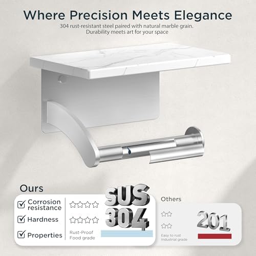 FORIOUS Toilet Paper Holder with Shelf, Natural Marble, Commercial - Image 4