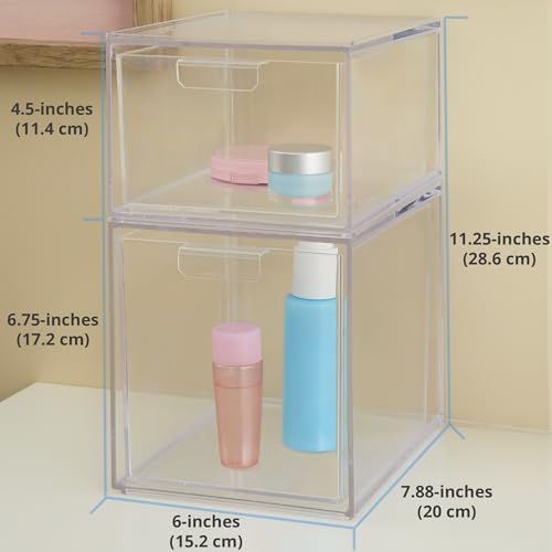 STORi Audrey Stackable Clear Bin Plastic Organizer Drawers | 2 Piece Set | Organize Cosmetics and Beauty Supplies on a Vanity | Made in USA - Image 3