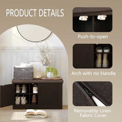 DINZI LVJ Shoe Storage Bench with Cushion, Door, Espresso 31.5" LX17.7 H - Image 5
