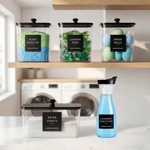 4+1 Pack Laundry Pods Containers & Dryer Sheet Holder & Laundry Detergent Dispenser, Laundry Room Organization and Storage Jars with Lids, Labels and Scoops for Scent Booster, Powder, Pods - Image 3