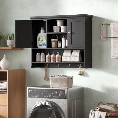 Bathroom Wall Cabinet with Doors and Hooks, 3-Tier Wall Mounted Cabinet - Image 4