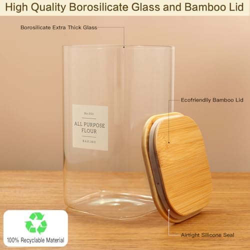 HHMJSM Large glass flour and sugar containers with 132 Kitchen Pantry Labels - 138 FL OZ Glass Food Storage Containers with Airtight Lids - Square Glass Jars Rice with Bamboo Lids - Image 5