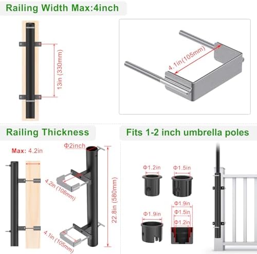 Dolibest Heavy Duty Patio Umbrella Holder, Steel Deck Clamp Holder up to 2'' Poles, Deck Mount Umbrella Holder, Space Saving Design, Attaches to Railing Max Width 4 inch, Easy Installation - Image 2