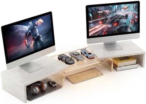 Dual Monitor Riser, Acrylic Monitor Riser with Keyboard Storage, Adjustable Angle & Length Computer Monitor Stand, Wide Desk Shelf for Top of Desk for Home Office_White Maple Look by Bingyouth