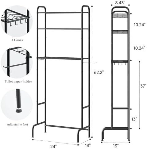 STDDRE 3-Tier Over The Toilet Storage Space Saver with Paper Holder Freestanding Rack Metal Bathroom Shelves with Hooks Above The Toilet Storage Shelf (Black, 3 Tier) - Image 2