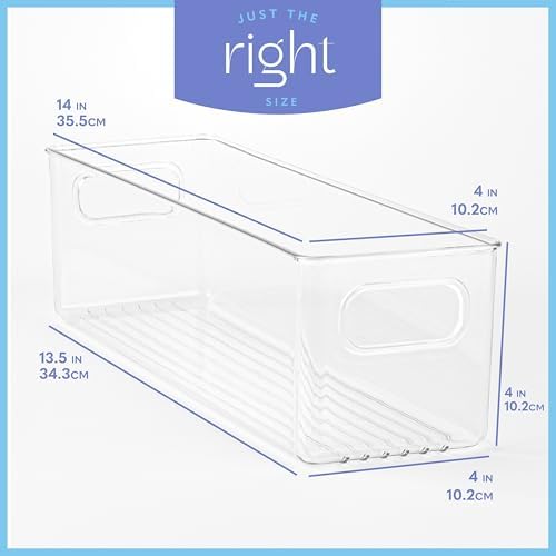 Plastic Food Storage 6 Pack Clear Container Bin with Handles for Organizing Kitchen, Pantry, Refrigerator, Freezer, Pantry, Cabinet, Closet, Bathroom. 14”x4”x4” - Image 3
