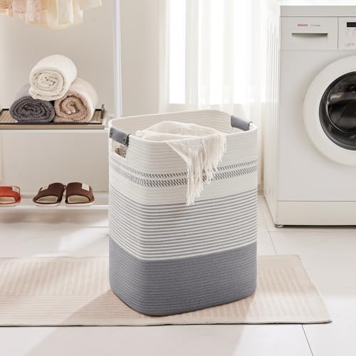 75L Tall Woven Laundry Basket Hamper with Leather Handles,Grey - Image 3