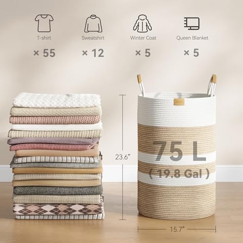 Nunsino 75L Striped Laundry Hamper with Leather Handles,Large Foldable Laundry Basket for Clothes,Cotton Rope Storage Bin for Blankets,Woven Clothes Basket for Bedroom,Beige Stripes - Image 4