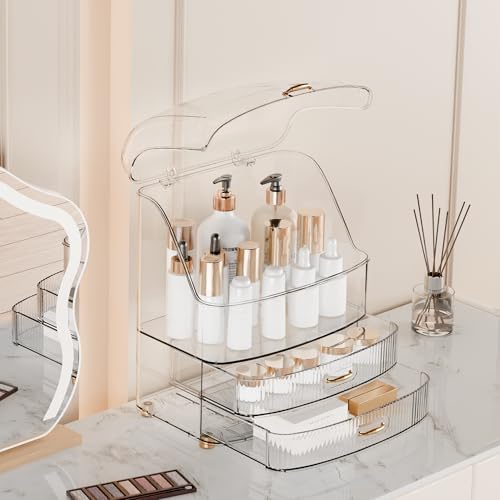 Makeup Organizer Countertop Vanity with Transparent Lid Drawers Waterproof Dustproof Cosmetic Skincare Bathroom Storage Gift for Women Teens Girls (Clear Whtie) - Image 3