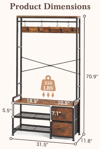 Faesun Hall Tree with Bench and Shoe Storage, Rustic Brown - Image 3