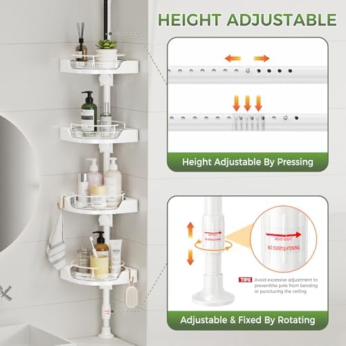 Coner Shower Caddy Tension Pole with 4 Lazy Susan Bathroom Corner Organizer 360° Rotating 35-128 Inch No Drilling Floor Standing Shelves Adjustable Shower Rack for Bathroom(White) - Image 5
