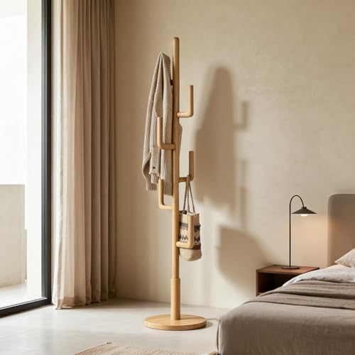 Coat Rack,Solid Wood Cactus Coat Rack Freestanding With 6 L-Shaped Hooks and 3 Adjustable Sizes,Coat Tree for Bedroom, Entryway, Livingroom, Coat Hanger Stand for Coats, Handbags (Natural) - Image 2