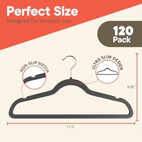Gray Velvet Hangers 120 Pack – 360° Swivel Hook, Non-Slip and Space Saving Hangers, Heavy-Duty 11 lbs Weight Capacity - Smooth Velvet Finish for Crease-Free Clothes and Effortless Closet Organization - Image 2