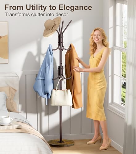 MISSLO Heavy Duty Coat Rack Freestanding with Stable Wood Base Modern Coat Tree with 12 Hooks Adjustable Coats Hanger Stand Stylish Standing Clothes Tree for Entryway Bedroom Corner Hall (Brown) - Image 2