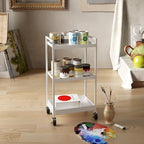 3-Tier Metal Utility Rolling Cart, Heavy Duty Multifunction Rectangular Cart with Lockable Casters, Kitchen Storage Carts Suitable for Office, Bathroom, Kitchen - White - Image 5