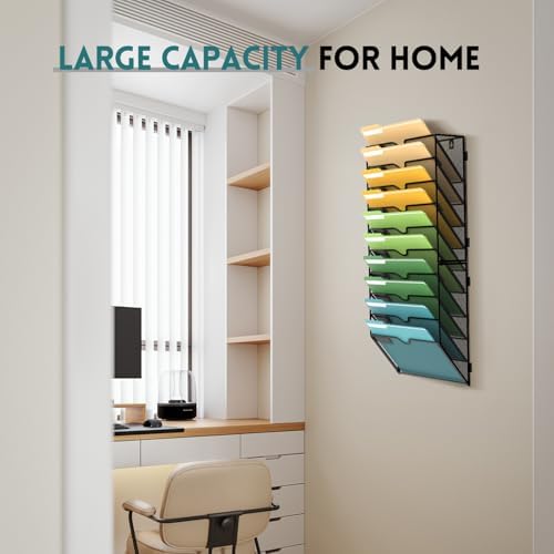 SUPEASY 10 Tier Wall File Organizer, Hanging Wall Mounted Mail Organizer with Label Slots, Metal Mesh File Holder Magazine Rack for Office, Home, School or Classroom, Black - Image 2