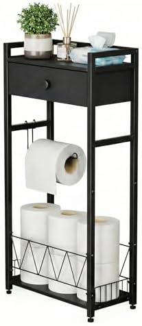 Freestanding Toilet Paper Holder Stand with Storage Drawer, Narrow Bathroom Shelf, Spare Roll Basket, 4-Way Install Paper Arm, Matte Black Space-Saving Rack for Apartments & RVs (Black) by DesignedManufacturedbyRoleDes