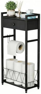 Freestanding Toilet Paper Holder Stand with Storage Drawer, Narrow Bathroom Shelf, Spare Roll Basket, 4-Way Install Paper Arm, Matte Black Space-Saving Rack for Apartments & RVs (Black) by DesignedManufacturedbyRoleDes