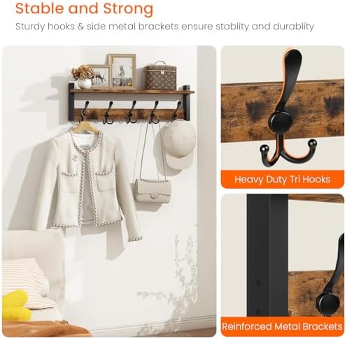 Homode Wall Mount Coat Rack with Shelf and 5 Tri Hooks - Image 4