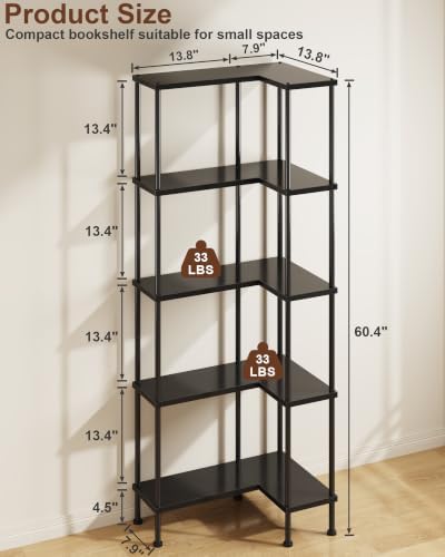 HIGDBFE 5-Tier L-Shaped Corner Bookshelf, 60" Tall Modern Corner Shelf - Image 2
