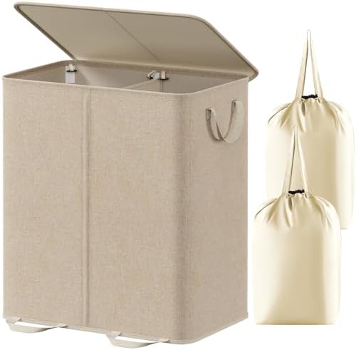 Lifewit Double Laundry Hamper with Lid, Removable Laundry Bags, Beige by Lifewit