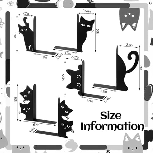 Flutesan 6 Pcs Black Cat Metal Bookends Peeping Cat Book Ends for Shelves - Image 4