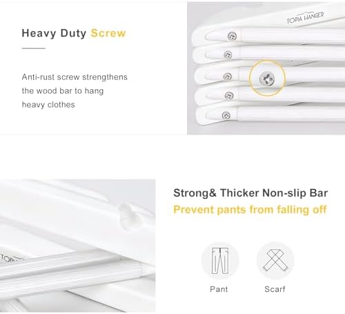 TOPIA HANGER All White Wooden Hangers, Solid Wood Suit Hangers with Extra Thick Hook and Non Slip Pants Bar, Heavy Duty Coat Hangers with Notches, Bridal Hangers for Shirts 16 Pack -CT01W - Image 5