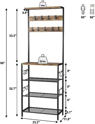 HOMEFORT Coat Rack with Shoe Storage, 5-Tier Shoe and Coat Rack with 9 Clothes Hooks, Freestanding Hall Tree Organizer for Entryway, Bedroom, Rustic Brown - Image 2