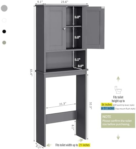 Over the Toilet Storage Cabinet, Bathroom Storage Over Toilet with Two Doors and Adjustable Shelf, Space Saver with Open Shelf, Gray - Image 2