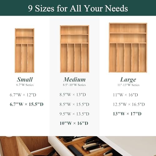 Silverware Organizer, Bamboo Kitchen Drawer Organizer, Utensil Holder, Cutlery Tray & Spoon Flatware Storage with Grooved Drawer Dividers (13''W x 17''D) - Image 3