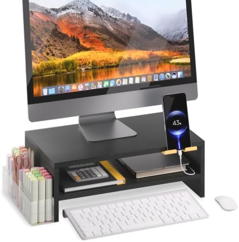 TEAMIX 2 Tiers Wood Monitor Stand Riser with Phone Holder & Side Pen Holder by TEAMIX