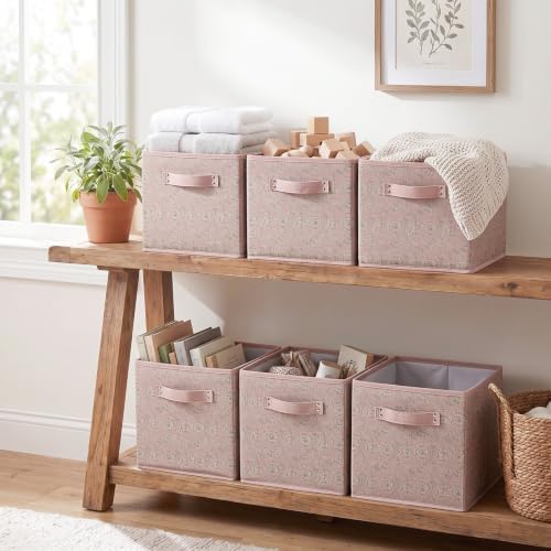 6 Pcs Pink Fabric Vintage Cube Storage Bins 11Inch Storage Basket with Handle, Linen Collapsible Fabric Box for Classroom Bedrooms Office Home Decoration (Pink and beige) - Image 5