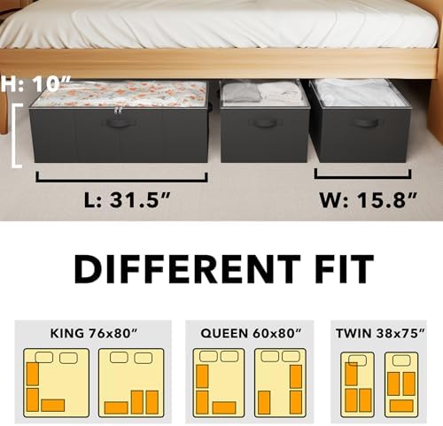 SpaceAid 3 Pack 10" High Under Bed Storage Containers, Large Underbed Storage Organizer Bins with Lids for Bedroom, Dorm, Clothes, Closet Organization, Bed Sheets and Blankets (Black) - Image 4