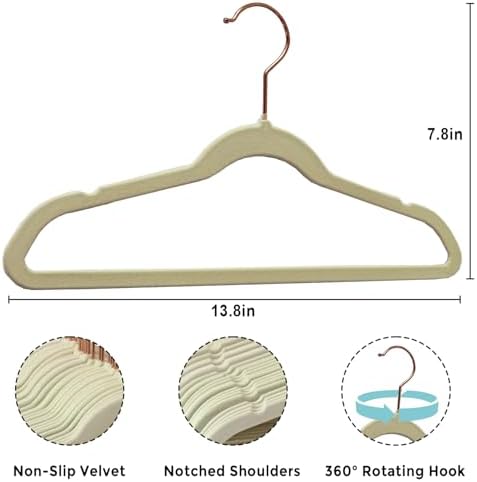Tonswachic Child Velvet Hanger 50 Pack, 14 Inch Premium Felt Non Slip Kid Hanger for Infant & Toddler Clothes, 0.2" Slim Space-Saving Kid Felt Hanger with 10 Clips & 360° Rose Gold Hook, Beige - Image 2