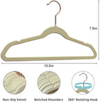 Tonswachic Child Velvet Hanger 50 Pack, 14 Inch Premium Felt Non Slip Kid Hanger for Infant & Toddler Clothes, 0.2" Slim Space-Saving Kid Felt Hanger with 10 Clips & 360° Rose Gold Hook, Beige - Image 2