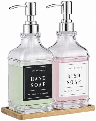 Kitchen Glass Soap Dispenser Set with Tray 2 with Silver Rust Proof Pump by modunfulbathroom