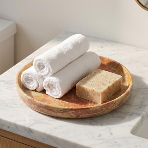 YKAJO Caramel Gold Round Marble Tray, 10" Deep Catchall Vanity Organizer - Image 5