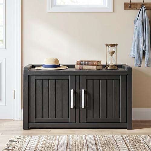 ROJIK Shoe Cabinet Waterproof UV-Resistant,Storage Bench Indoor Outdoor with Adjustable Shelves,for Entryway Bedroom,Hallway,Living Room(Double Door, Deep Black) - Image 2