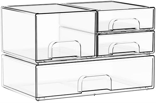 Yieach 4 Pack Clear Stackable Storage Drawers,Acrylic Drawer Organizer for Medicine,Palettes,Hair Accessories and Makeup Organizer,Plastic Drawers for Cabinet,Office,Desk,Bathroom Storage Containers by Yieach