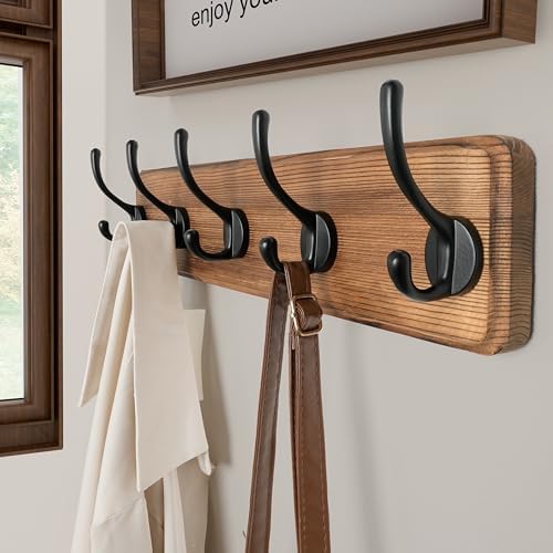 SKOLOO Rustic Coat Rack Wall Mount, 5 Hooks, 17 Inch, Solid Wood, Brown - Image 2