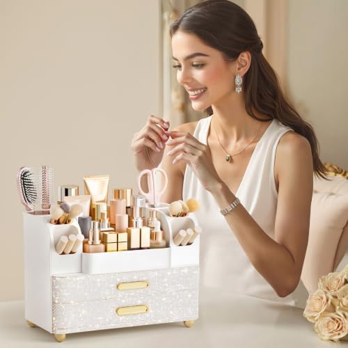 HBlife Makeup Organizer for Vanity with Brush Holder, Large Bathroom Countertop Cosmetic Organizer Skin Care Storage, Easy to Store Nail Polishes, Perfumes, Eyeshadow Palettes, Pearl All White - Image 6
