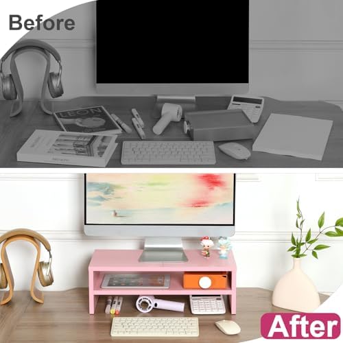DS502P TEAMIX 20 inch Pink Monitor Riser Stand - 2 Tiers, Wood Desktop Bookshelf - Image 6